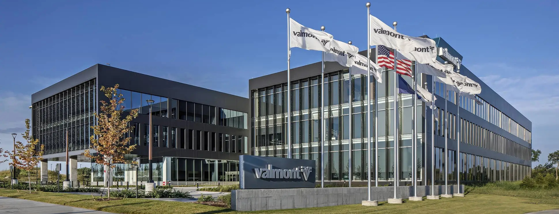 Valmont headquarters exterior with flags